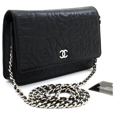 chanel black leather camellia wallet|Chanel small wallet on chain.